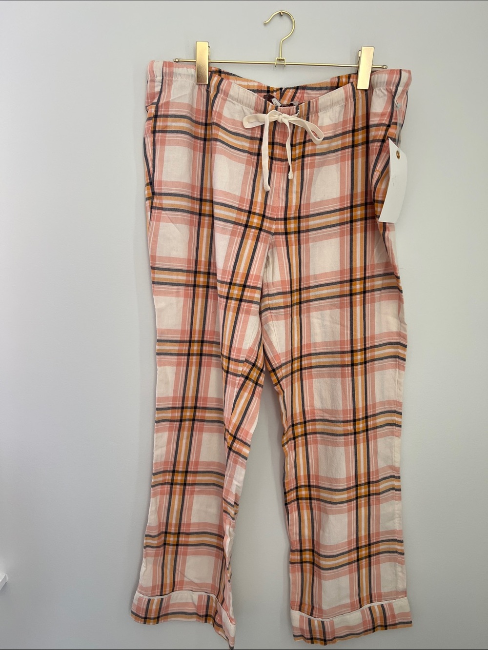 LOFT Pink, Cream and Orange Plaid Drawstring Sleep Pants